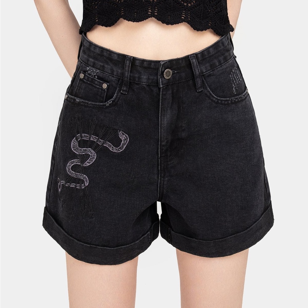 Disturbia Heroica Embroidered Denim Mom Shorts